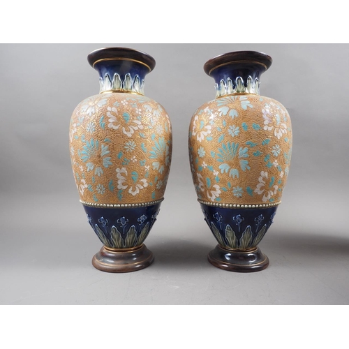 36 - A pair of early 20th century Royal Doulton silicon ware Slaters Patent oviform vases with gilt decor... 