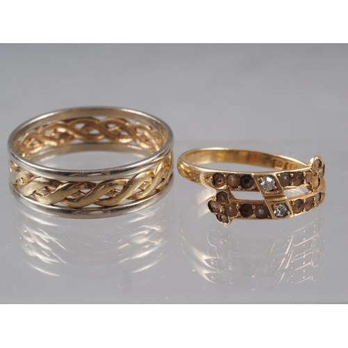 368 - A 9ct two-colour gold ring with pierced decoration, size Y, 3.8g, and an 18ct gold ring, lacking sto... 