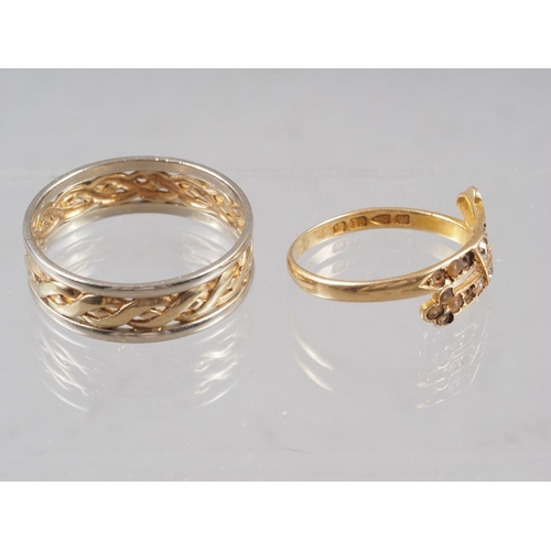 368 - A 9ct two-colour gold ring with pierced decoration, size Y, 3.8g, and an 18ct gold ring, lacking sto... 