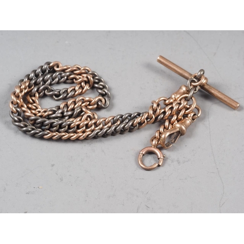 374 - A yellow metal and white metal double Albert watch chain, 33.2g