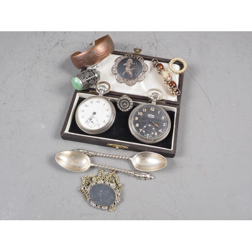 379 - Two nickel cased pocket watches, two silver teaspoons and a small quantity of costume jewellery, etc