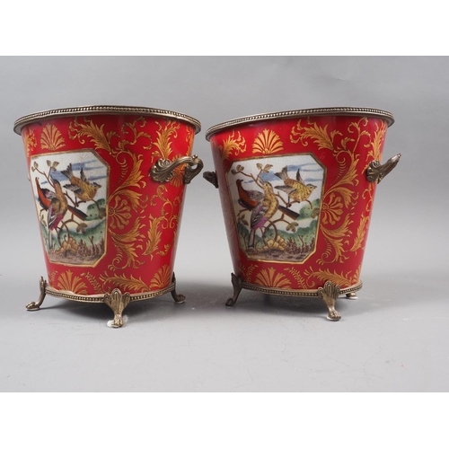 38 - A pair of gilt metal mounted oval planters of Louis XVI design with bird decorated panels, 7 1/2