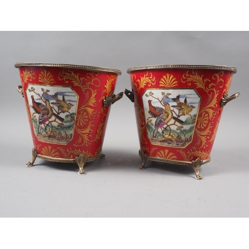 38 - A pair of gilt metal mounted oval planters of Louis XVI design with bird decorated panels, 7 1/2