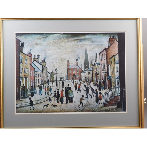 401 - After Lowry: four colour prints, framed and glazed, and a number of other colour prints