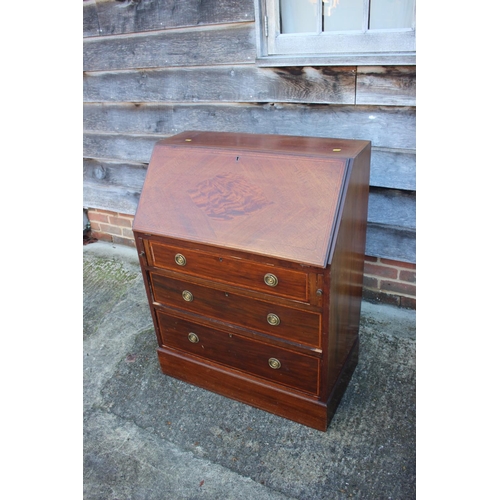 493 - An Edwardian mahogany and satinwood banded fall front bureau with fitted interior over three long gr... 