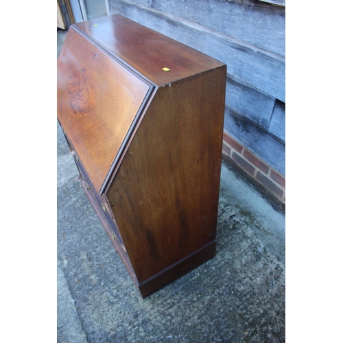 493 - An Edwardian mahogany and satinwood banded fall front bureau with fitted interior over three long gr... 