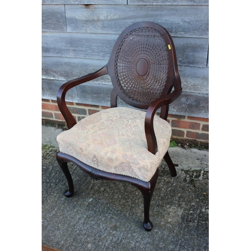 502 - An early 20th century mahogany showframe elbow chair with cane back panel