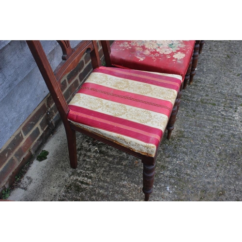 539 - A set of four Edwardian walnut standing dining chairs and a 1930s low seat fireside chair with pierc... 