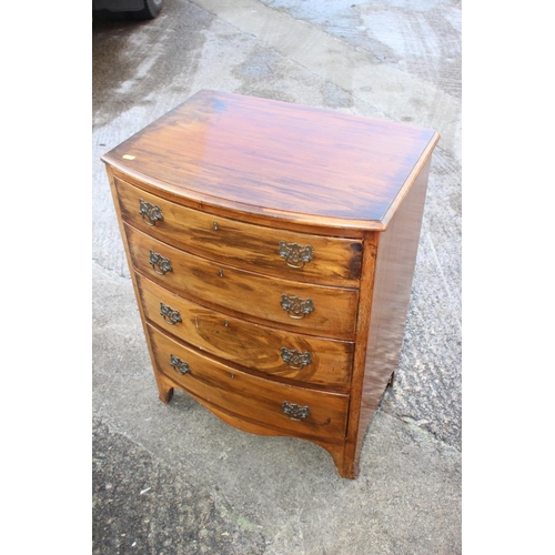 550 - A walnut bowfront chest of four long drawers, on splay bracket supports, 22 1/2