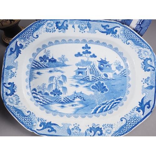 62 - A Masons Ironstone blue and white meat plate, a Willow pattern meat plate, two blue and white jardin... 