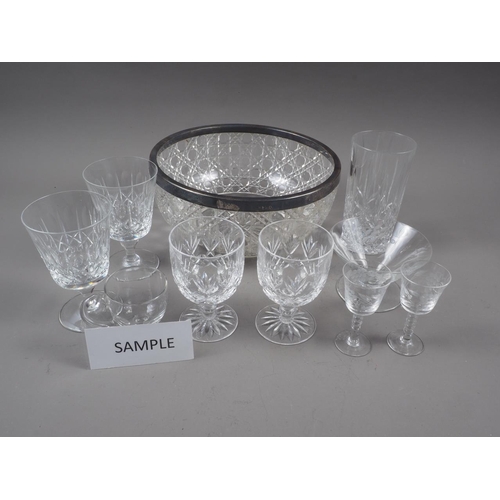 68 - A set of four Royal Doulton clear glass wines, four high ball glasses, a silver rimmed and cut glass... 