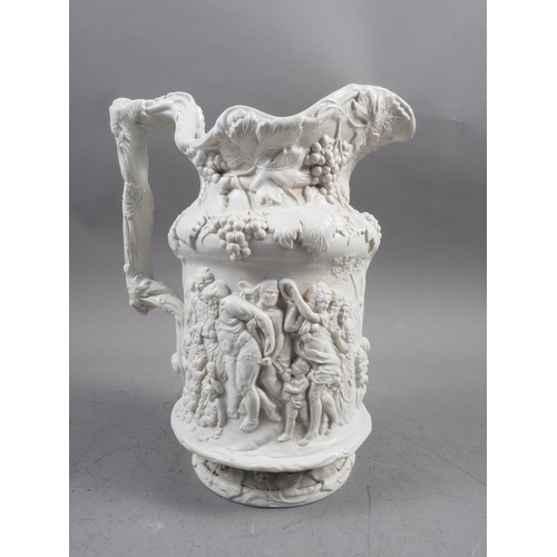 79 - A Charles Meigh 19th century relief moulded jug with Bacchus and Silenus decoration, 10 1/4