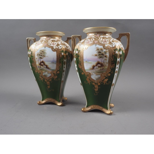 84 - A pair of Noritake landscape decorated two-handled vases, 9 1/2