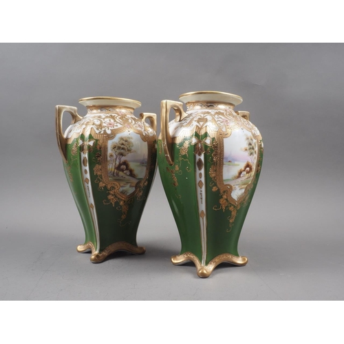 84 - A pair of Noritake landscape decorated two-handled vases, 9 1/2