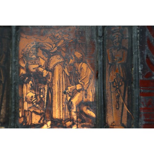 273 - An early 20th century back lit stained glass and lead window,  four panels from dance of death in st... 