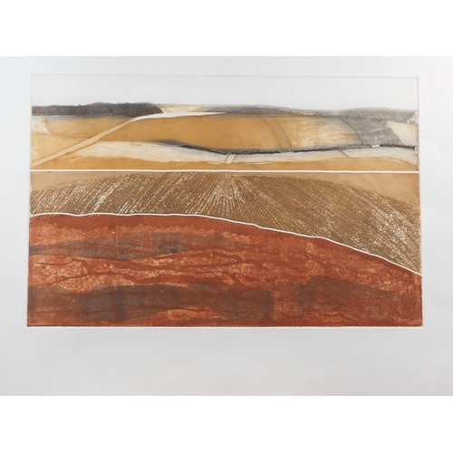 399 - John Brunsdon?: etching of a landscape, unframed