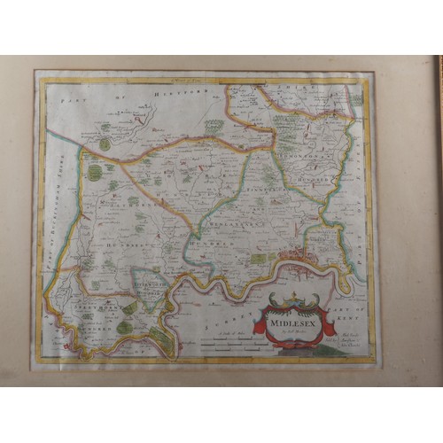 404 - An 18th century hand-coloured map, Robert Morden's Middlesex, in ebonised frame