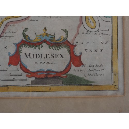 404 - An 18th century hand-coloured map, Robert Morden's Middlesex, in ebonised frame