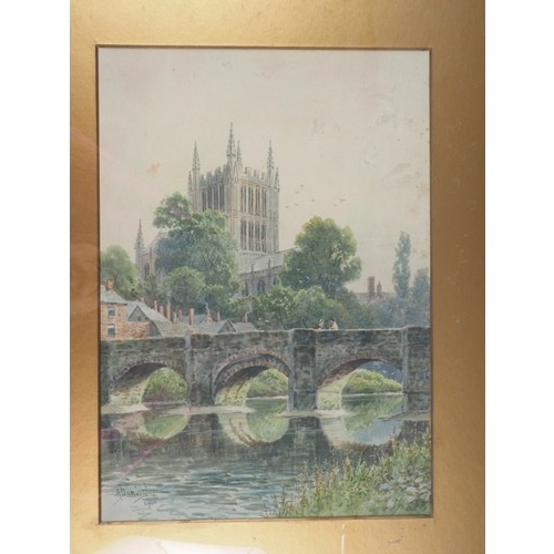 419 - Albert Dunnington, 1916: a pair of watercolours, river wharf and bridge over river, 14