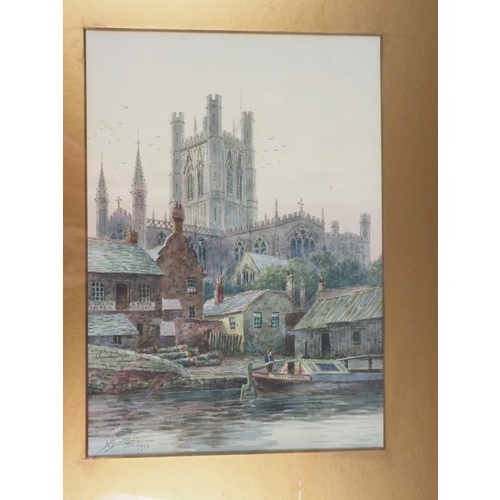 419 - Albert Dunnington, 1916: a pair of watercolours, river wharf and bridge over river, 14