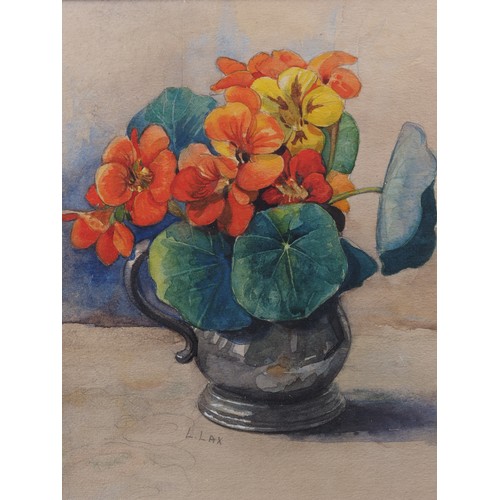 420 - L Lax: watercolours, still life with flowers in a pewter jug, 9 1/4