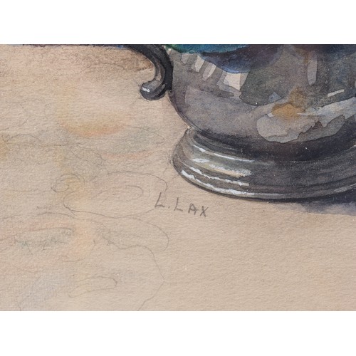 420 - L Lax: watercolours, still life with flowers in a pewter jug, 9 1/4