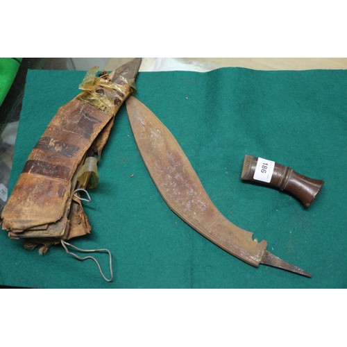 186 - A kukri (damaged), a jambiya type dagger and another dagger, in leather sheath