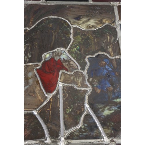 272 - An early 20th century back lit stained glass Flight into Egypt  and a leaded window, !6th coat of ar... 