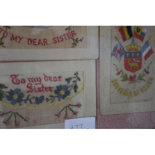 277 - Three WW1 embroidered silk postcards, in frame