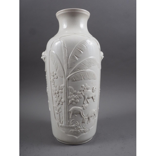 100 - A Chinese blanc de chine vase with relief panels decorated with birds, trees and animals, 13