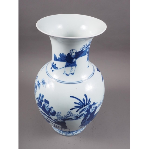 102 - A Chinese blue and white vase with figures in a landscape decoration and four-character mark to base... 