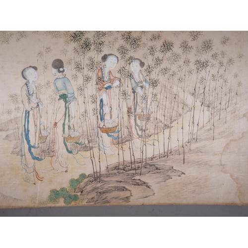 120 - A Chinese watercolour on silk, women collecting oysters, 12