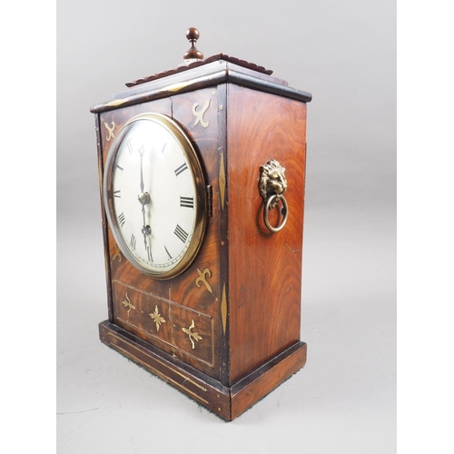 140 - An early 19th century mahogany and brass inlaid bracket clock with single fusee movement, enamelled ... 