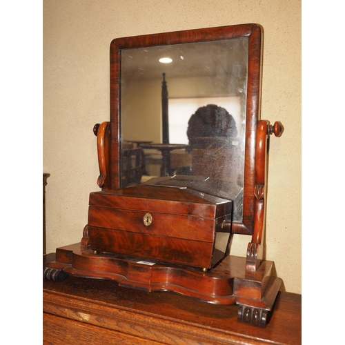 160 - A Victorian mahogany sarcophagus two-section tea caddy and a mahogany swing frame toilet mirror, on ... 