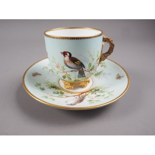 21 - A late 19th century bird decorated cabinet cup and saucer (restored handle), and other cabinet cups ... 