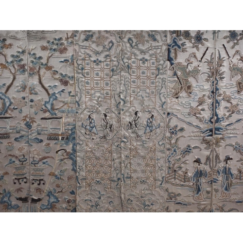 225 - Six 19th century Chinese mandarin's silk embroidered sleeve panels, figures in landscapes, framed as... 