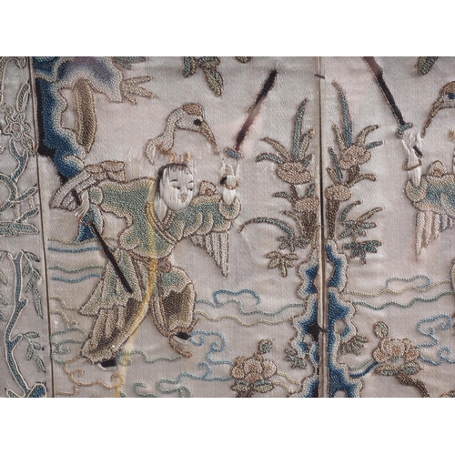 225 - Six 19th century Chinese mandarin's silk embroidered sleeve panels, figures in landscapes, framed as... 