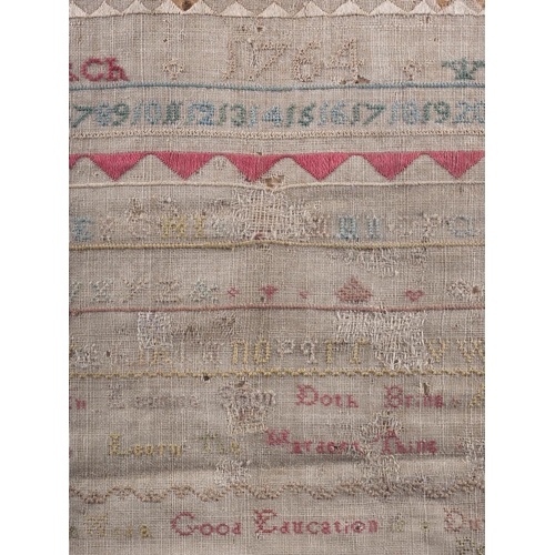 229 - A mid 18th century needlework sampler (losses), in strip frame, and an early 19th century alphabet a... 