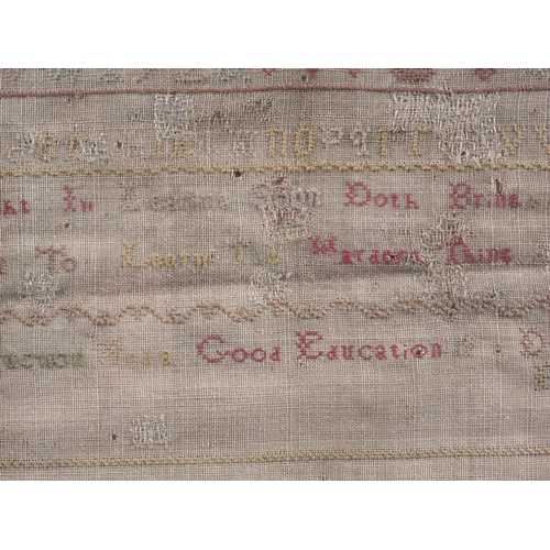 229 - A mid 18th century needlework sampler (losses), in strip frame, and an early 19th century alphabet a... 