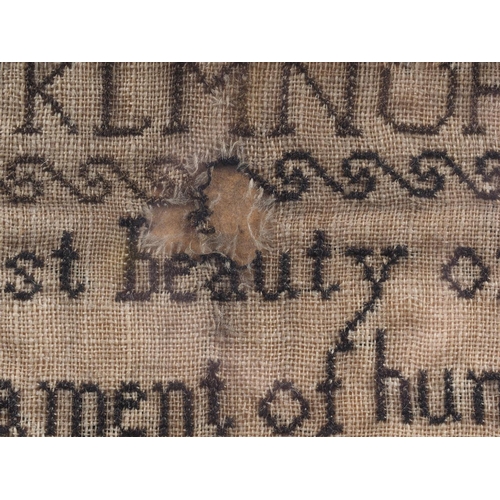 229 - A mid 18th century needlework sampler (losses), in strip frame, and an early 19th century alphabet a... 