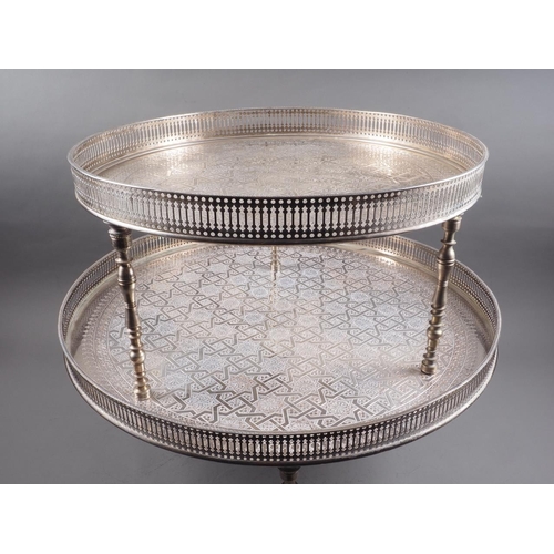 282 - Two silver plated and engraved gallery edge trays, on turned supports, 23