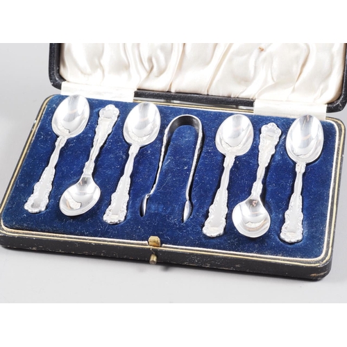 296 - A set of six silver coffee spoons and matching tongs, in case