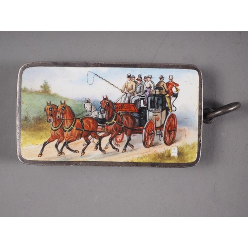 303 - A Sampson Mordan silver vesta case with enamelled coaching scene decoration, reverse inscribed 