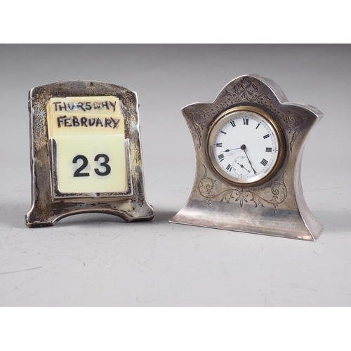 313 - An Edwardian silver mounted desk clock with engraved decoration, white enamel dial with Roman numera... 