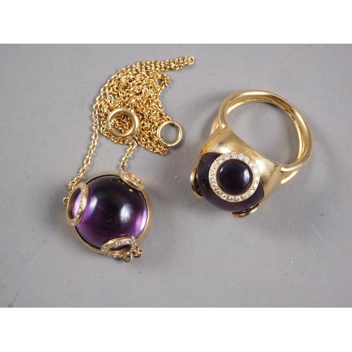 321 - A yellow metal, diamond and amethyst coloured dress ring, size M, and a matching pendant, on chain