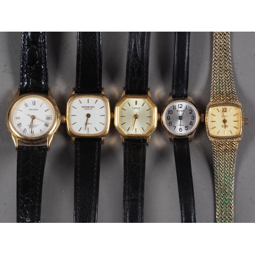 322 - A lady's gold plated Raymond Weil wristwatch with white enamel dial and four other lady's wristwatch... 