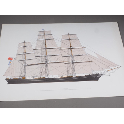 352 - A colour print of the Cutty Sark, unframed, and a folio of prints 