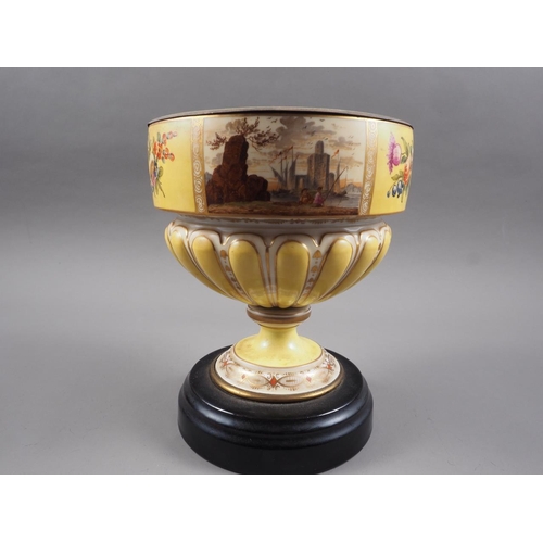 5 - A Helena Wolfsohn Augustus Rex style oil lamp base with figured panels on a yellow ground, 9 1/2