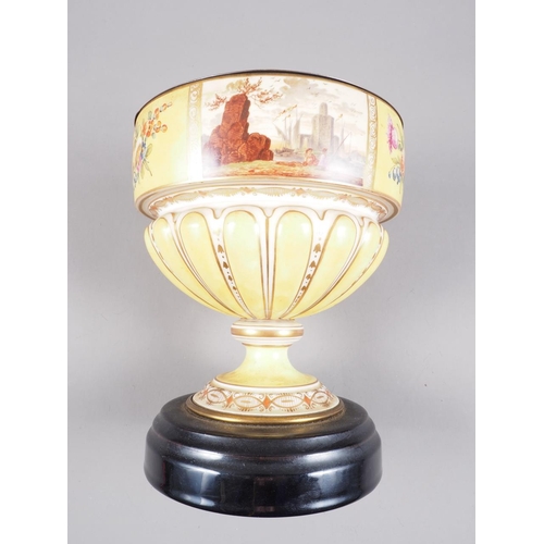 5 - A Helena Wolfsohn Augustus Rex style oil lamp base with figured panels on a yellow ground, 9 1/2