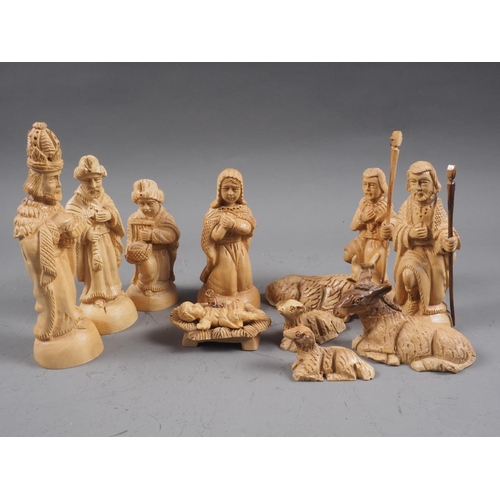 84 - A collection of Wedgwood jasperware, vases, boxes, etc and an olive wood nativity set